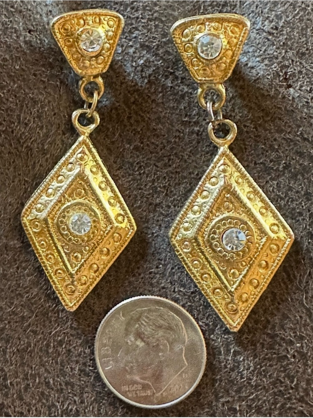 Gold Rhombus shaped drop earrings with rhinestones